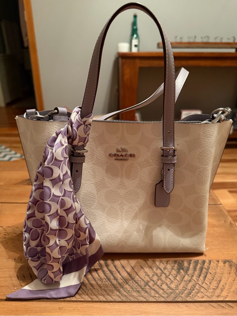 COACH Cream Signature Tote with Lavender Trim
